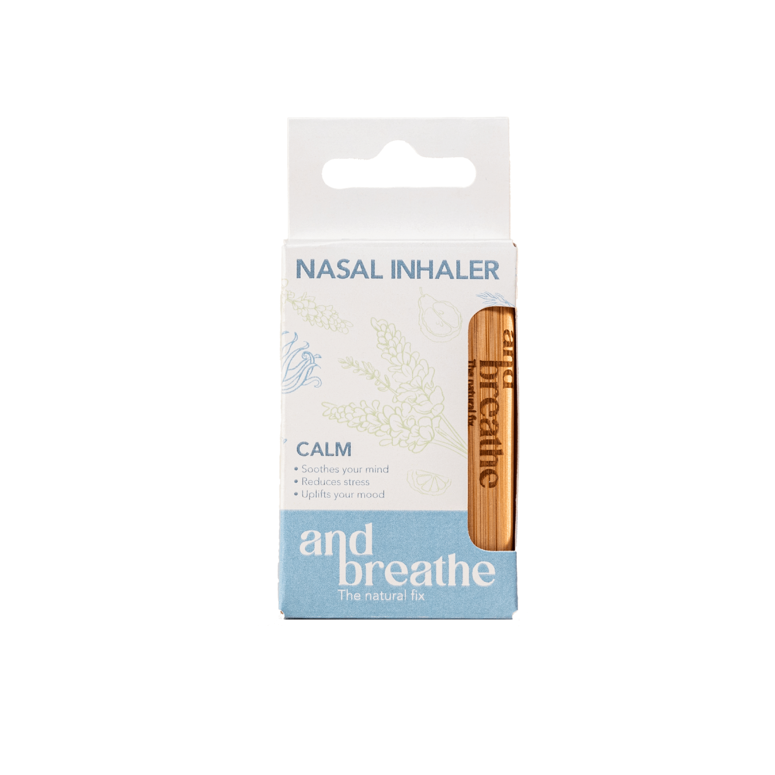 andbreathe Calm nasal inhaler in bamboo casing, front view