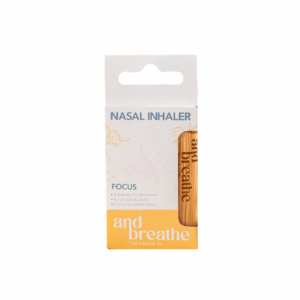 andbreathe Focus nasal inhaler in bamboo casing, front view